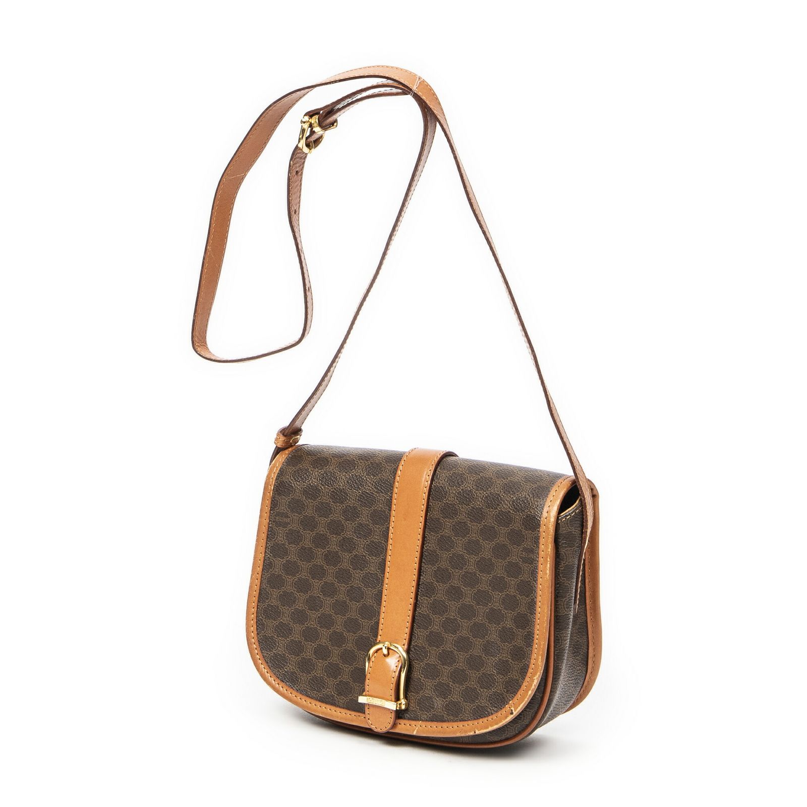 CELINE セリーヌヴィンテージ フラップ クロスボディ茶色マカダムPVCキャンバスAB