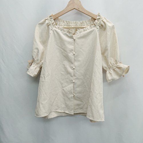 45R ベージュ系　フリル付きVネック　半袖ブラウス　サイズフリー ◇ ⊂ F i.n.t HOME Vネック フリル 半袖 ブラウス サイズF