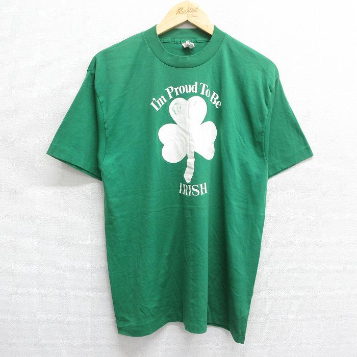L/古着 半袖 ビンテージ Tシャツ メンズ 80s アイリッシュ クローバー クルーネック 緑 グリーン 24aug22 中古