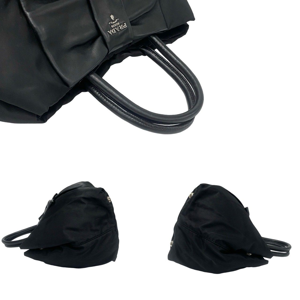 希少人気✨プラダ ハンド トート メタルロゴ　リボン ナイロン 革　黒 PRADAリボン付き黒トートバッグ