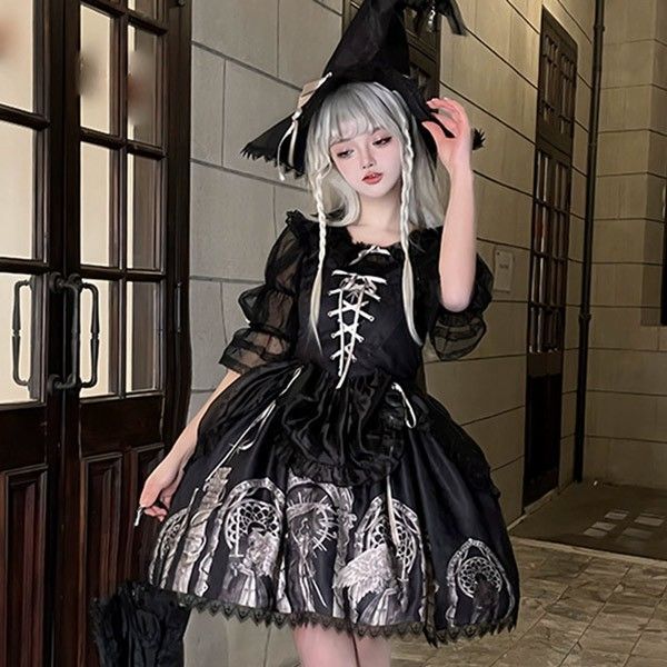 ロリータ ワンピース ハロウィン ウイッチ 魔法使い 魔女風 レトロ風 リボン Aライン 暗黒風 五分袖 ショート丈 レディース ゴスロリ ハイウエスト コスチューム コスプレ 洋服 可愛い セクシー 日常 仮装 パーティ 文化祭 学園祭 ブラック ベージュ