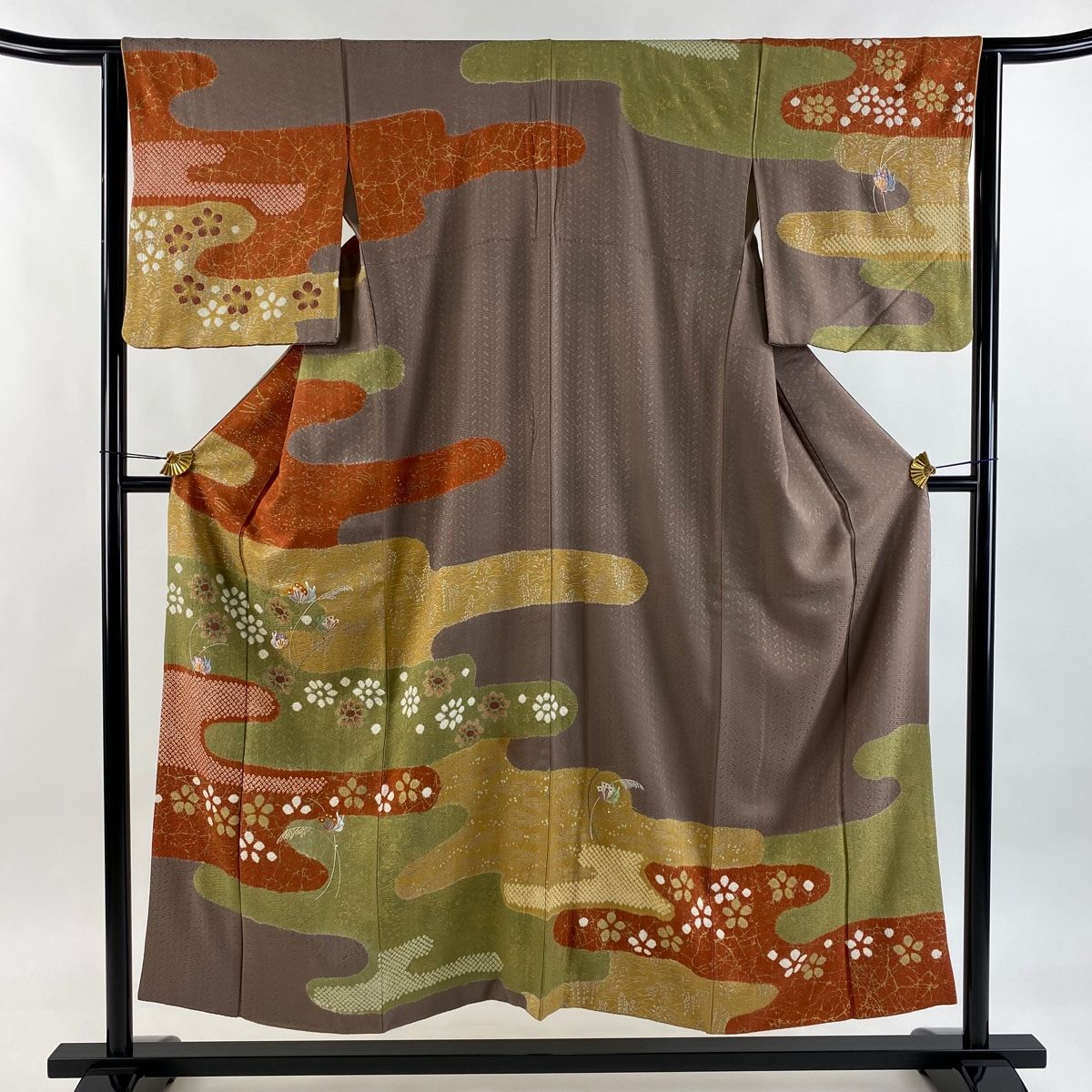 訪問着 身丈152cm 裄丈63cm S 袷 蝶 ヱ霞 刺繍 絞り 灰緑 正絹 秀品