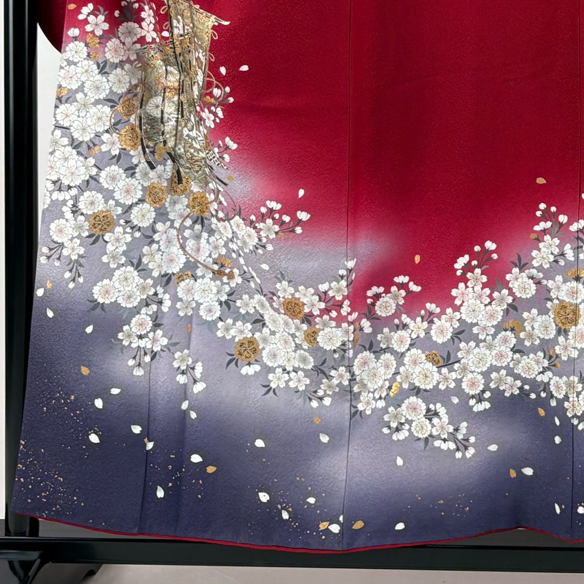 振袖 身丈156.5cm 裄丈65cm M 袷 鈴乃屋 几帳 桜 金銀彩 ぼかし 赤 正絹 秀品
