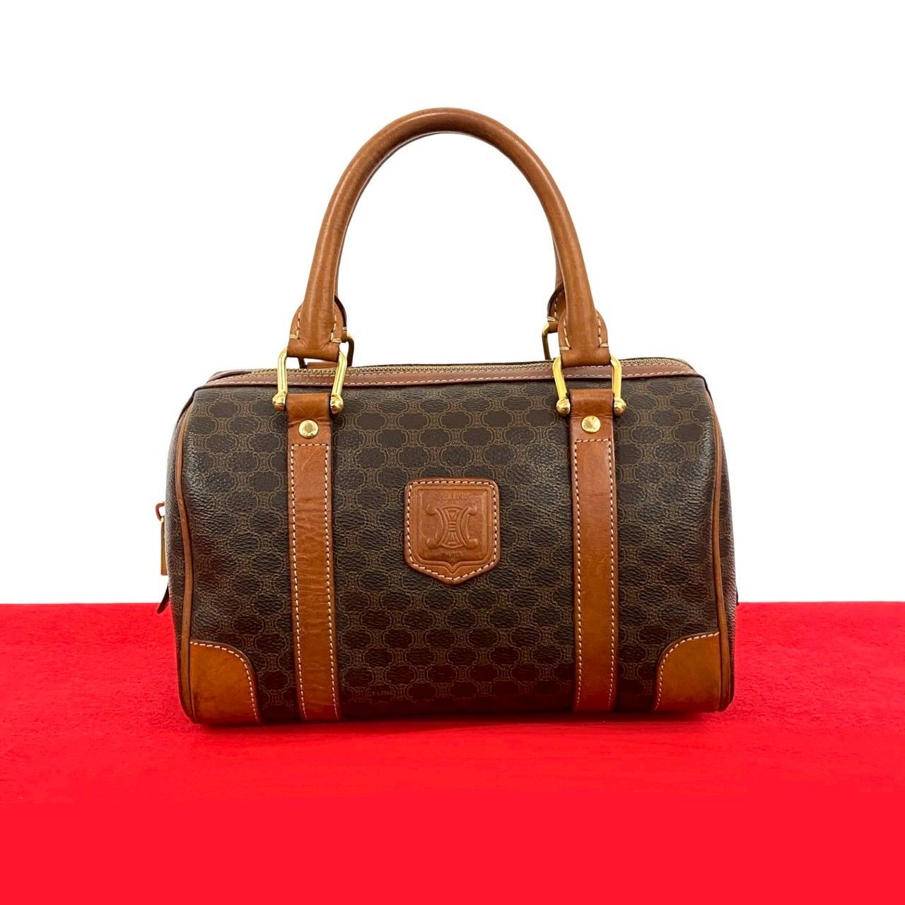 CELINE】ボストンバッグ マカダム柄 ゴールド金具 PVC ブラウン CELINE