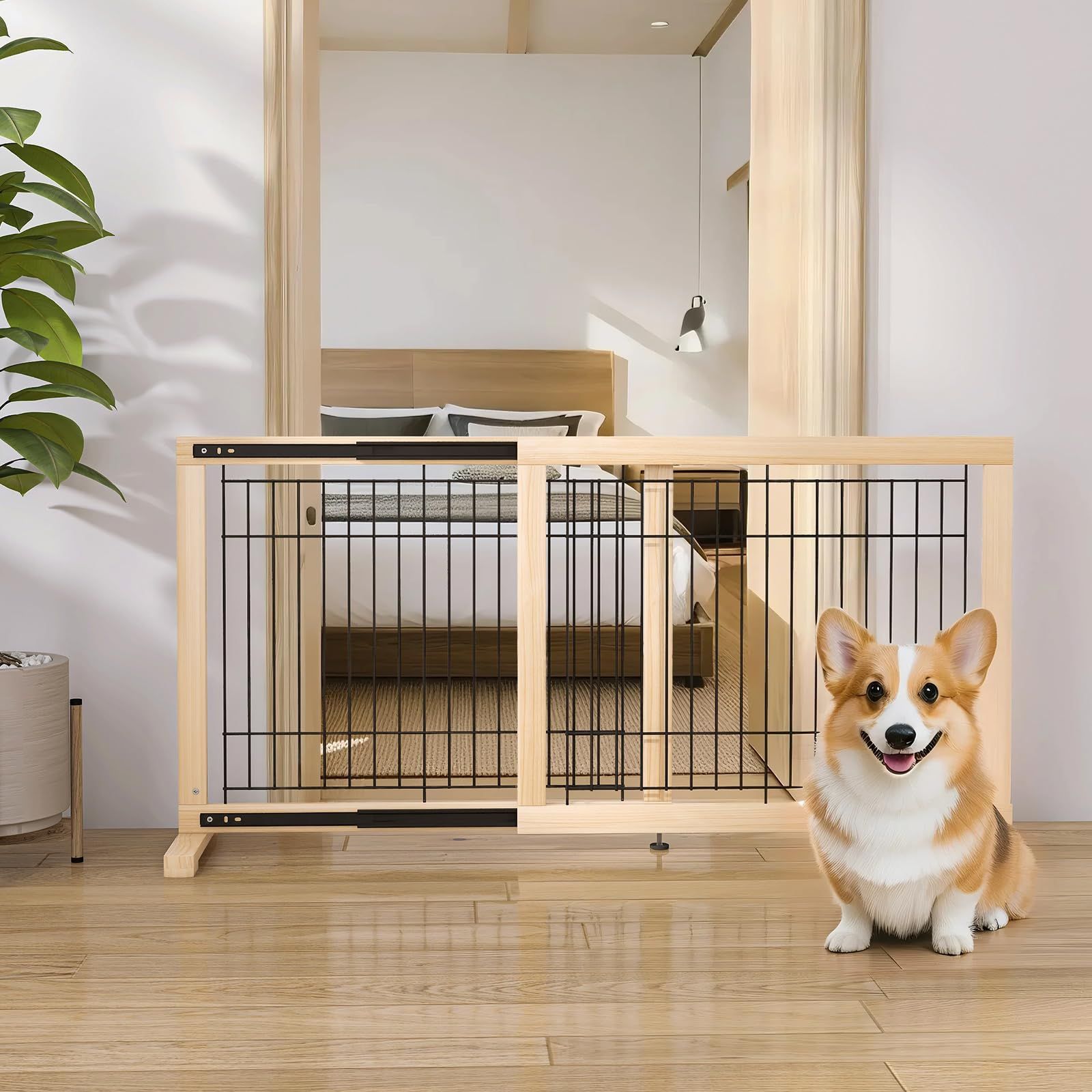 設置幅60-115cm 木製 犬用ゲート 高さ60cm 犬 フェンス 置くだけ 室内 中小型犬用 倒れない スライド式ペットゲート 飛び出し防止柵 脱走防止ペットガード U-Yocanpet 広がる 伸縮