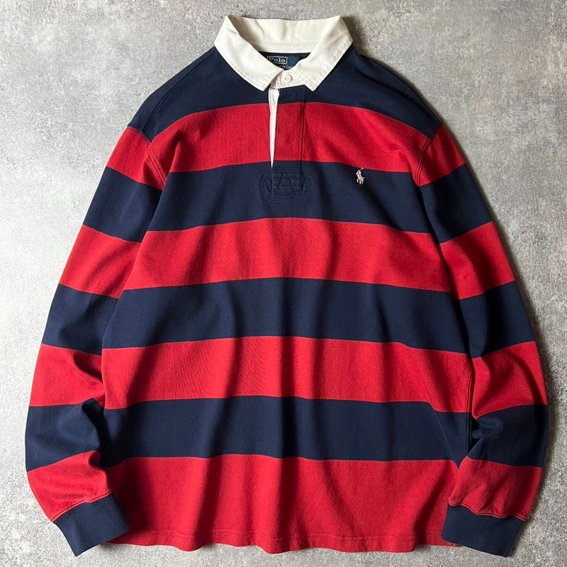 90s POLO RALPH LAUREN ワイド ボーダー 長袖 ラガーシャツ XL / 90年代 オールド ポロ ラルフローレン ポニー