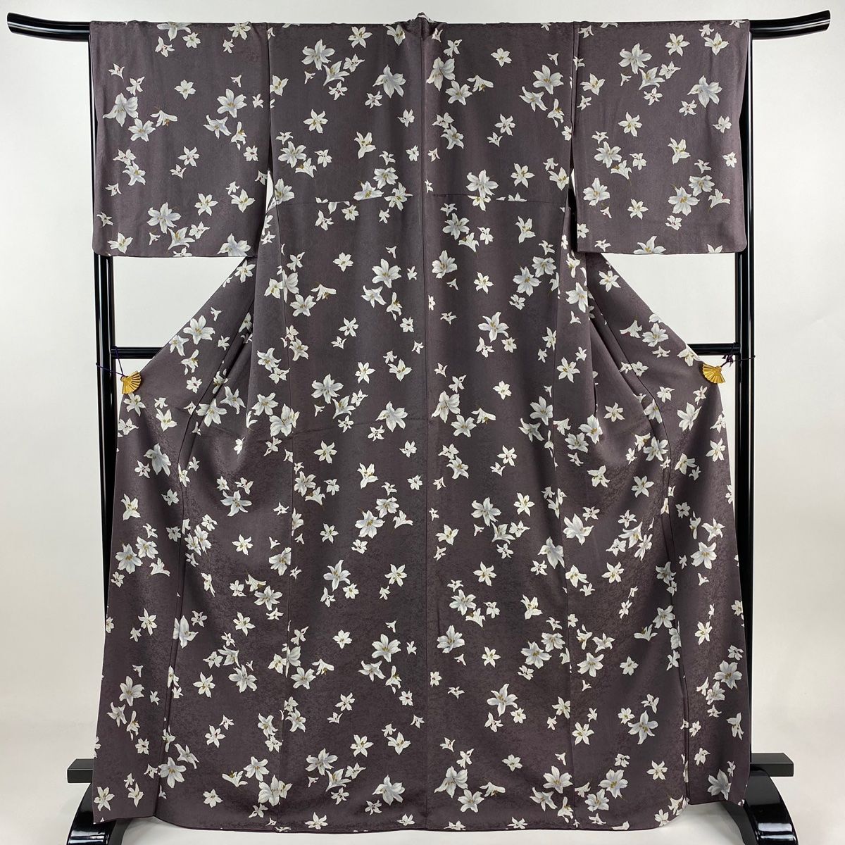 小紋 身丈170.5cm 裄丈68cm L 袷 花柄 灰色 正絹 名品