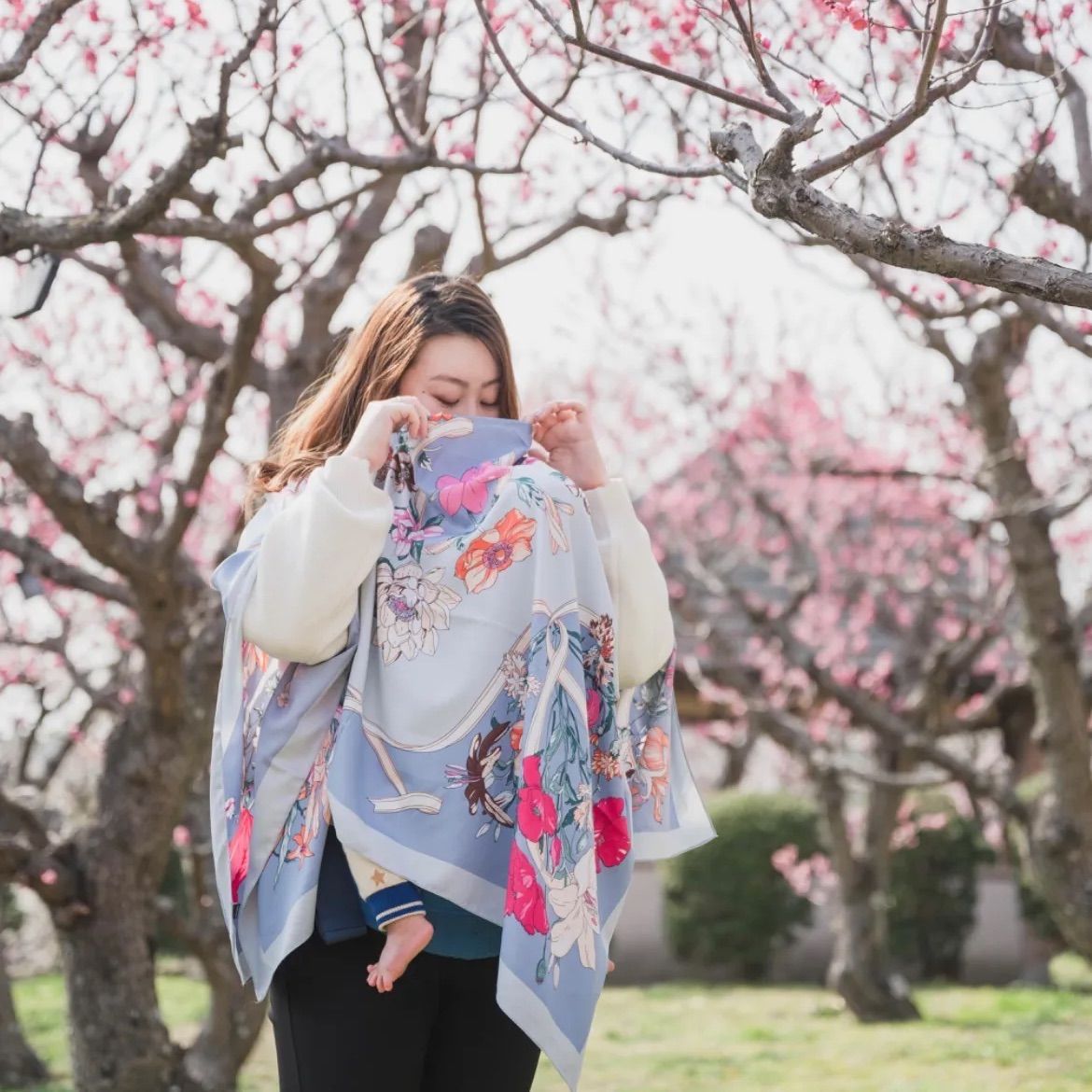 新品 大判スカーフ ブルー 花柄 360度カバー ポンチョ 授乳ケープ 授乳ケープ ポンチョ おしゃれ 授乳用ケープ 授乳服 ストール