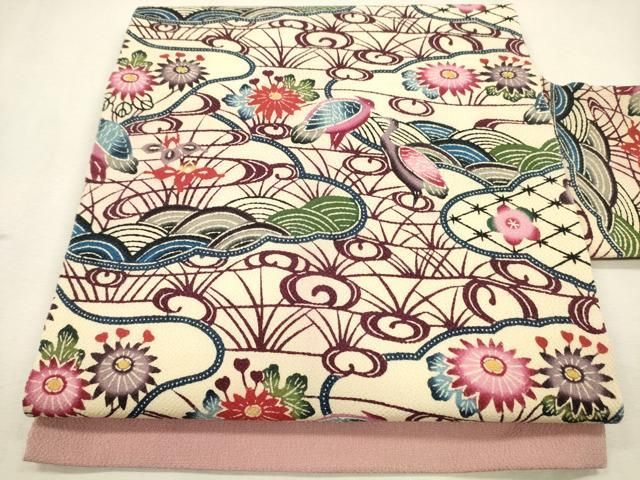 平和屋着物●極上　人間国宝　玉那覇有公　本場琉球紅型　九寸名古屋帯　流水花鳥文　鬼しぼ縮緬　正絹　逸品　CAAR1280hy 平和屋着物○極上 人間国宝 玉那覇有公 本場琉球紅型 九寸名古屋帯