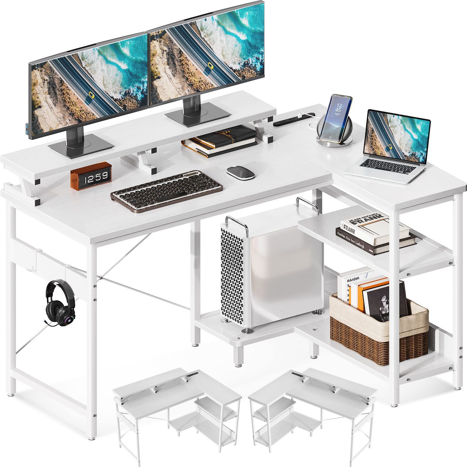 商品 組立簡単 在宅勤務 省スペース オフィスデスク 書斎 収納 ラック付き desk コンセント付き pcデスク 幅120cm 机 ホワイト デスク ゲーミングデスク L字型 パソコンデスク l字デスク ODK