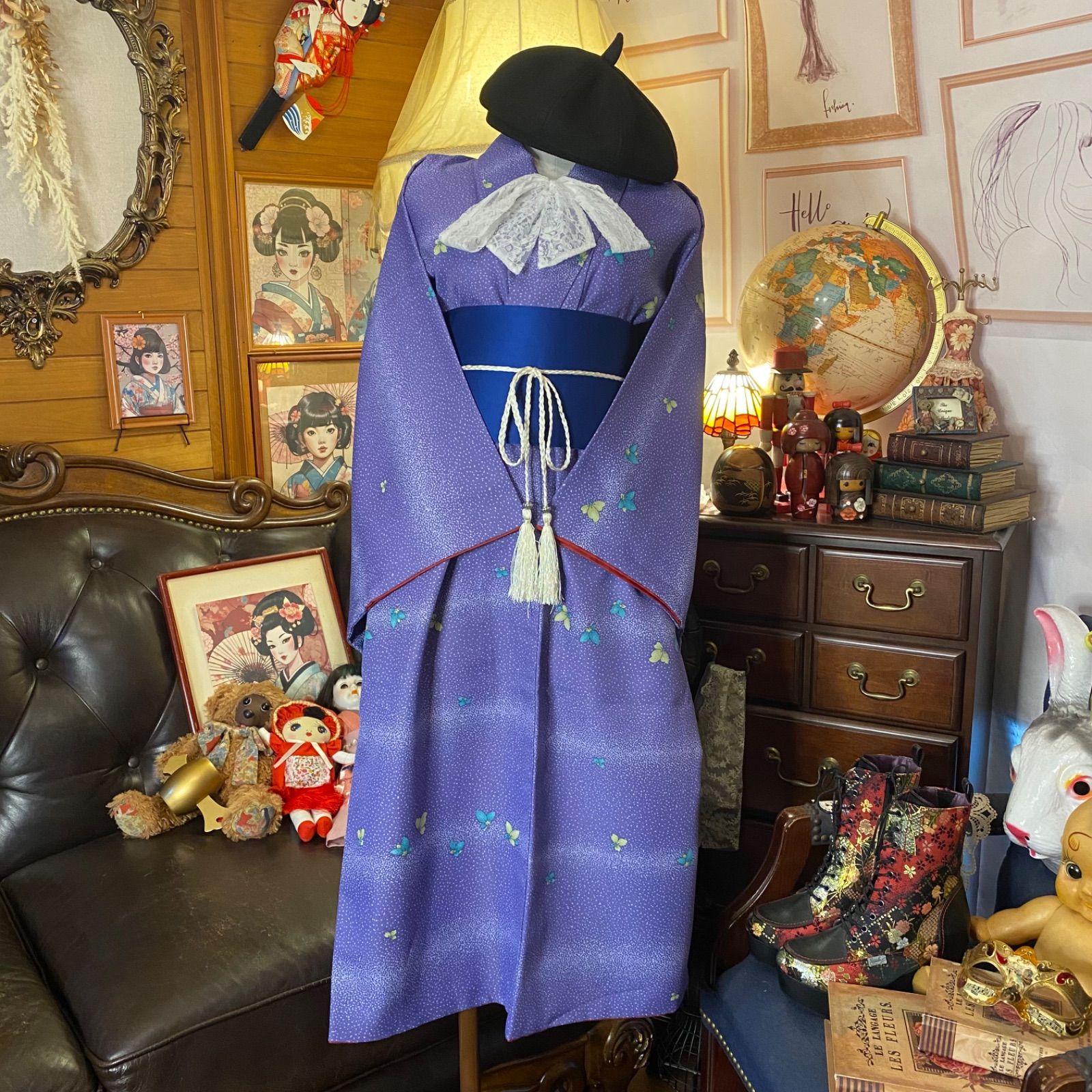 リメイク着物ロングワンピース 帯サッシュベルト付き 和洋折衷 化繊