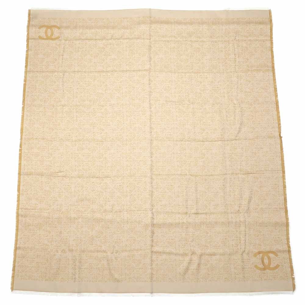 名東 シャネル 大判ストール CCマーク ベージュ系 ウール ショール フリンジ レディース 女