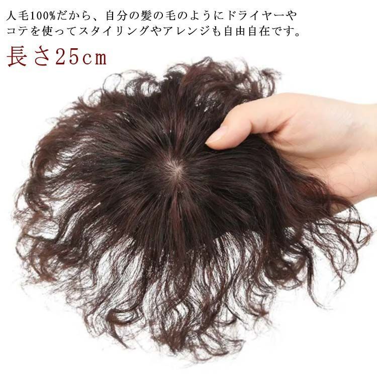 トップカバー 白髪隠し ウィッグ 人毛100％ 長さ25cm 送料無料 ヘアピース ウィッグ 滑り止め トップ 薄毛対策 ピース トップ カバー ウイッグ 白髪かくし ボリューム 部分ウィッグ gnId199