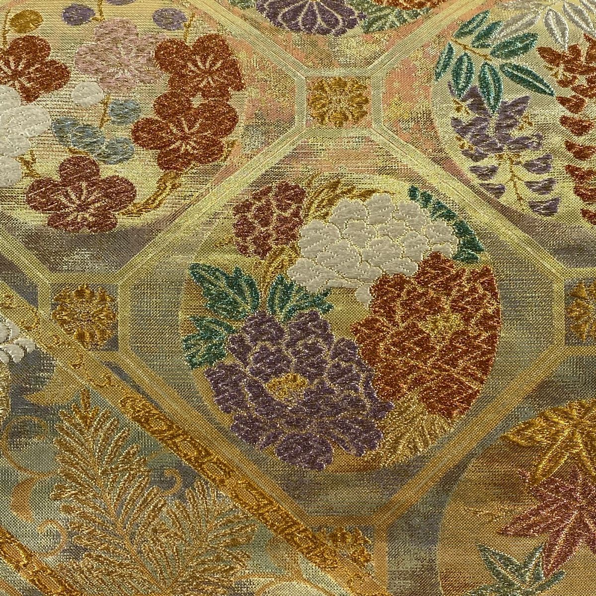 袋帯 秀品 輝煌綴 蜀江文 草花 箔 金銀糸 金色 六通 正絹 【中古
