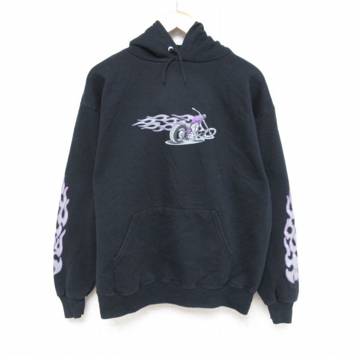 L/古着 ジャージーズ 長袖 スウェット パーカー メンズ 00s バイク 黒 ブラック 24sep06 中古 スエット トレーナー トップス