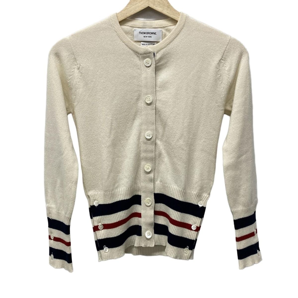 THOM BROWNE トムブラウン カーディガン サイズ40 M レディース - アイボリー×ダークネイビー×ボルドー 長袖