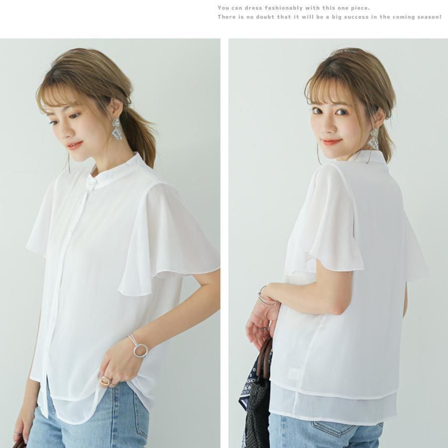 ラッフルスリーブ ブラウス レディース 半袖 シフォン トップス 抑揚 シャツ きれいめ 仕事 可愛い フリル フリル袖 オシャレ ふんわり フェミニン オフィス ラッフルスリーブ ブラウス レディース 半袖 シフォン トップス