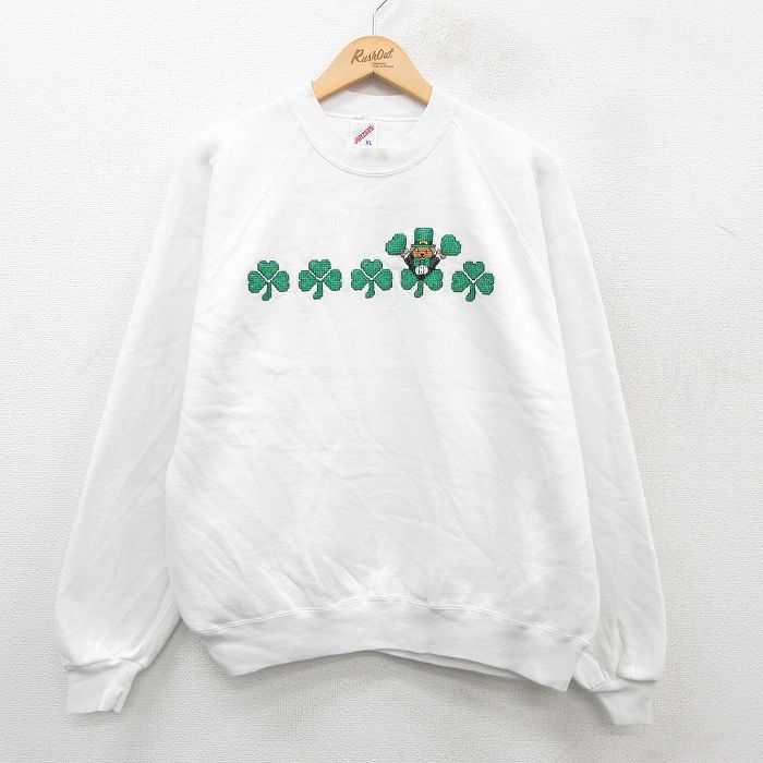 XL/古着 ジャージーズ 長袖 スウェット メンズ 80s クマ クローバー 刺繍 ラグラン クルーネック 白 ホワイト 24nov07 中古 スエット トレ
