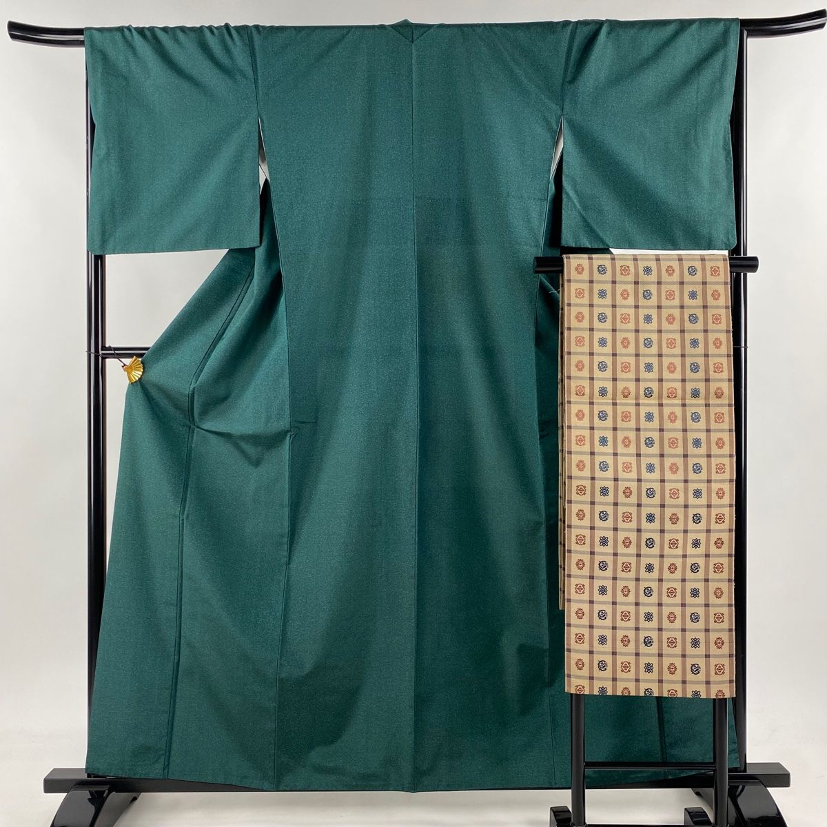紬 身丈160cm 裄丈67cm M 袷 名古屋帯セット 幾何学 緑 正絹 秀品