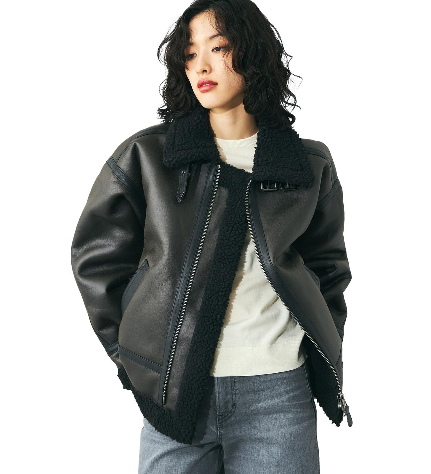 アルファインダストリーズ レディース B-3 フェイクムートンジャケット TA7200 TA7200-075 BLACK|IVORY