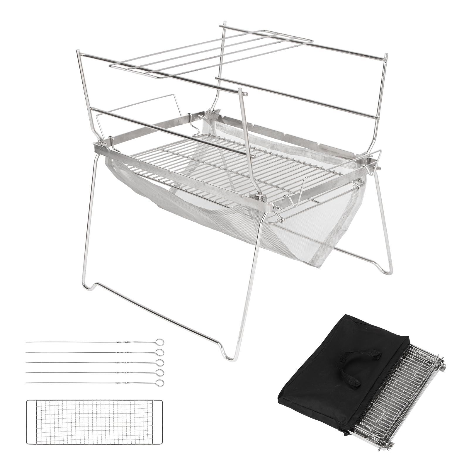 新商品が続々！ Color シルバー Todeco 焚き火台 軽量折りたたみ式｜3段火力調整 ｜焼き網 五徳 グリルセット付き｜コンパクト収納＆キャンプ調理用｜2～4人対応 安い！かわいい！