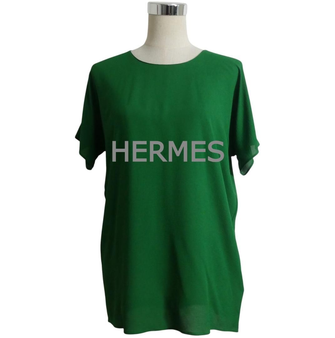 美品 HERMES エルメス サイズ34 シルク100％ クルーネック 半袖 