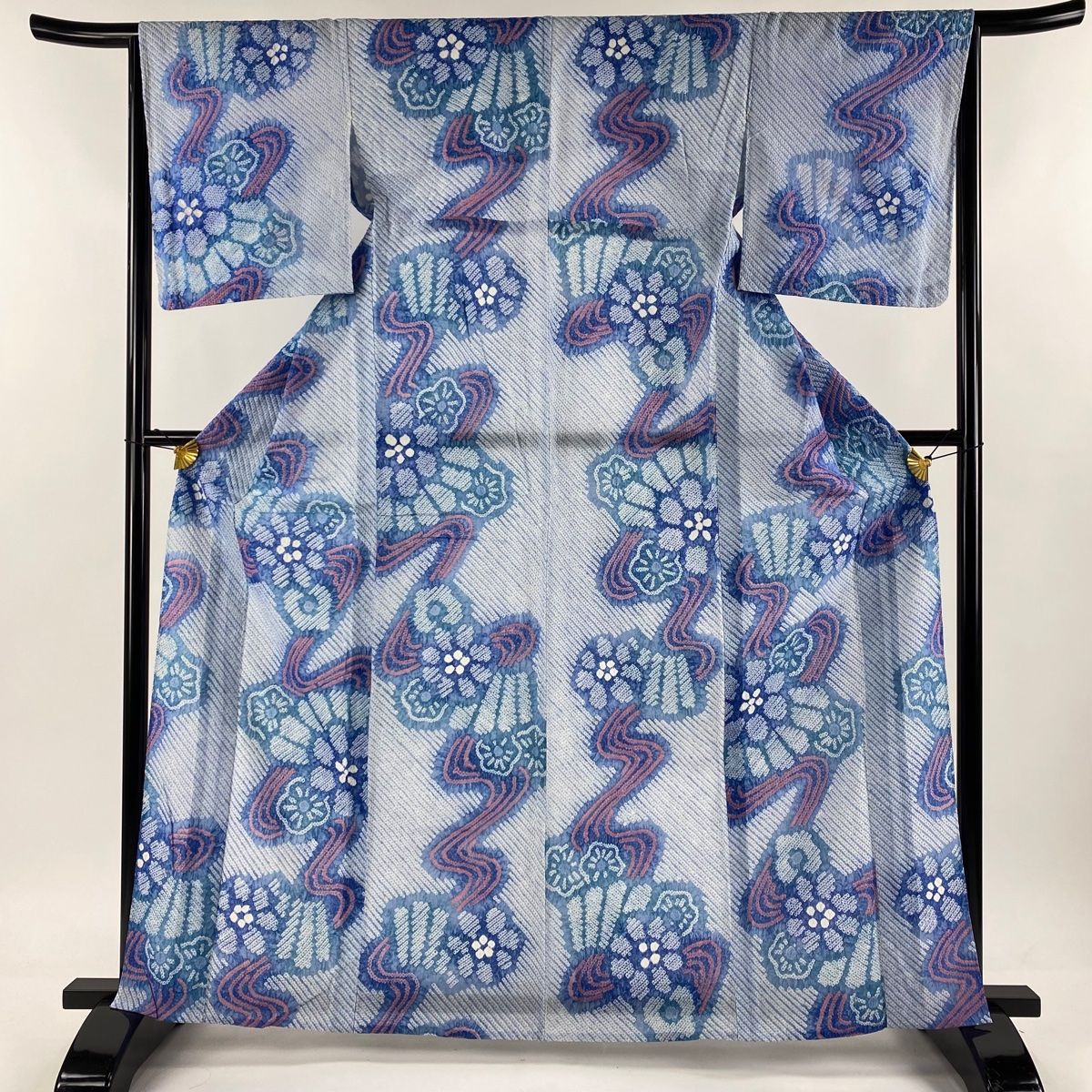 浴衣 身丈164cm 裄丈65cm 絞り浴衣 梅 流水 絞り 水色 綿 名品