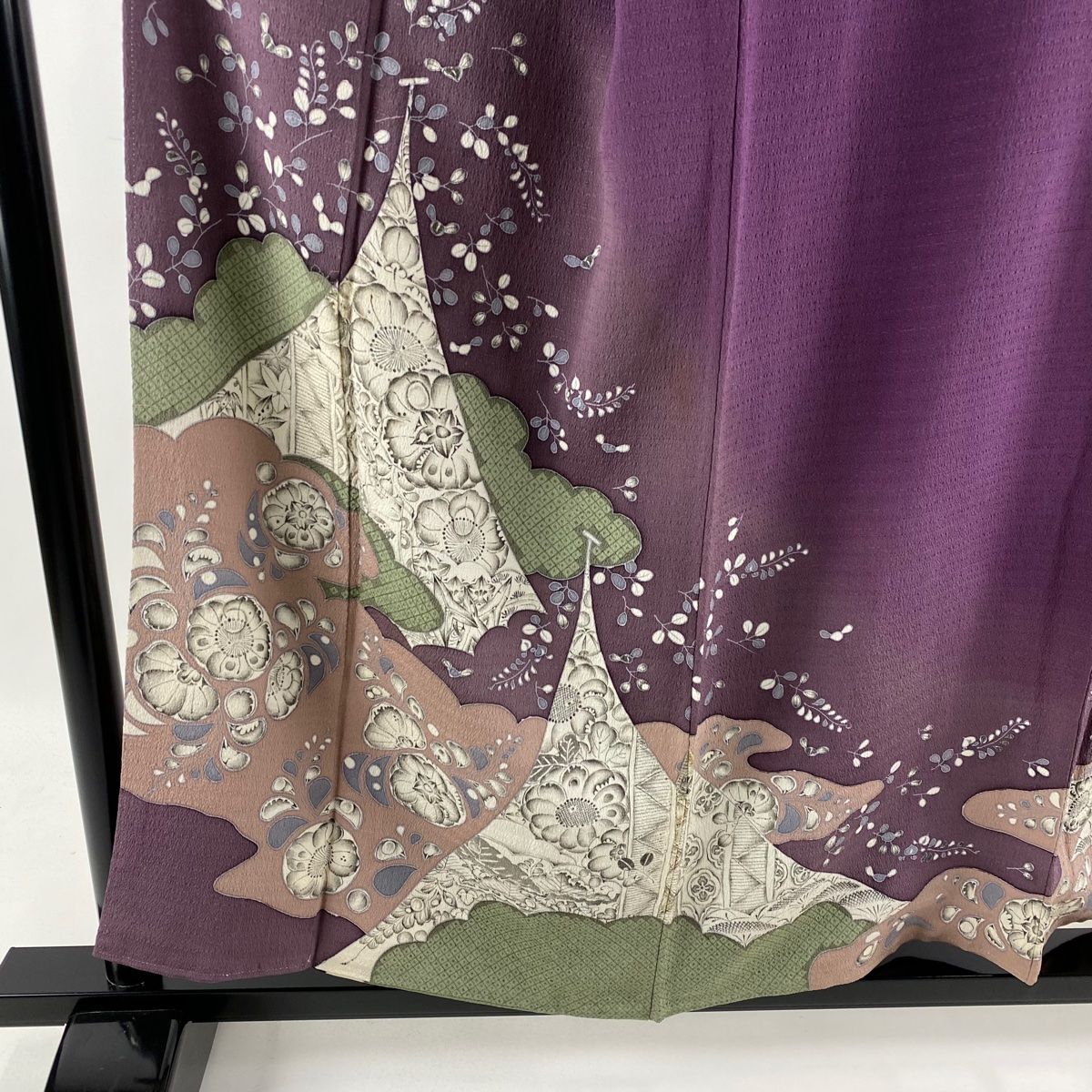 色留袖 名品 落款 紫 一つ紋 正絹 辻が花柄 身丈155cm 萩 袷 裄丈65.5