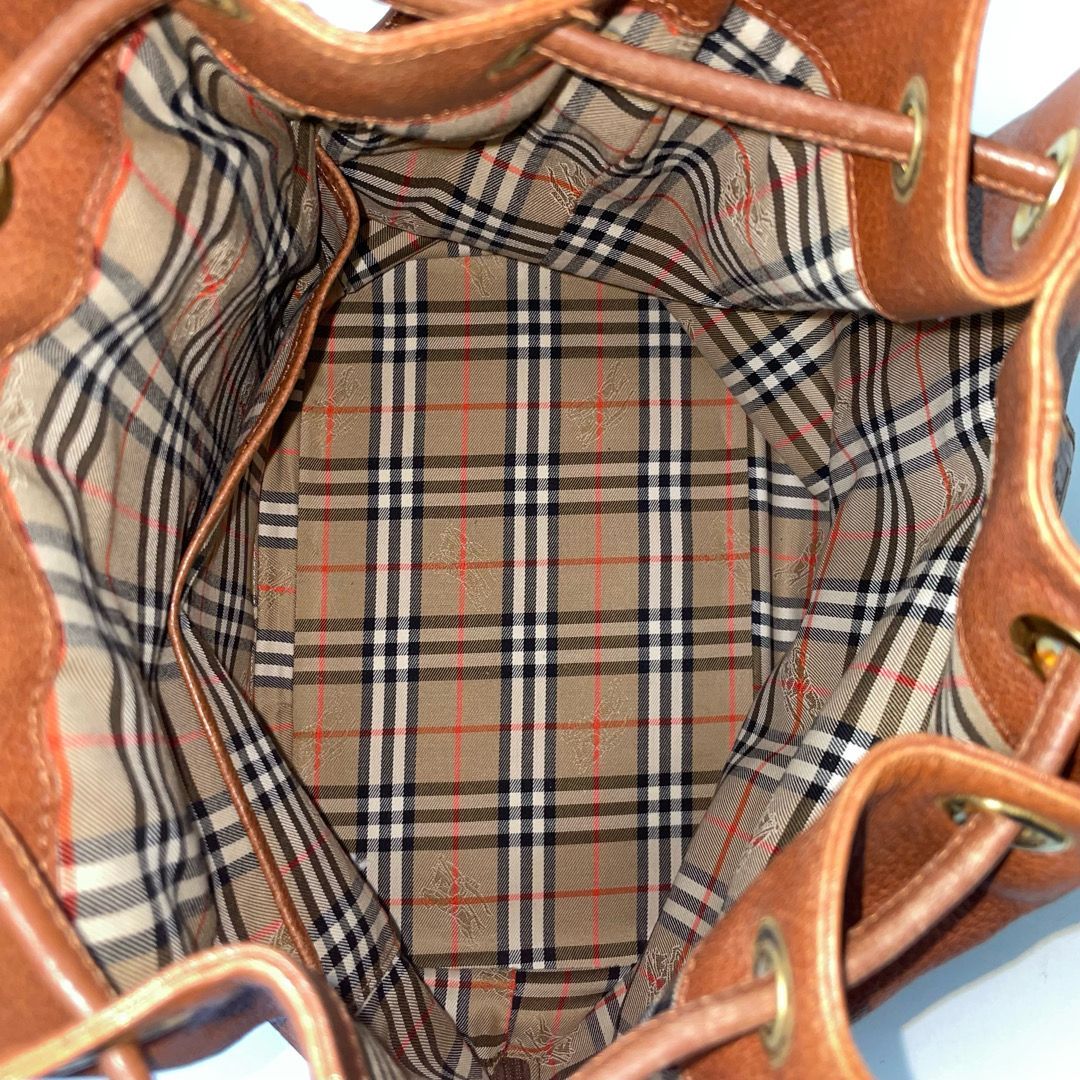 バーバリー ショルダーバッグ 巾着 ブラウン シボ レザー ノバチェック  