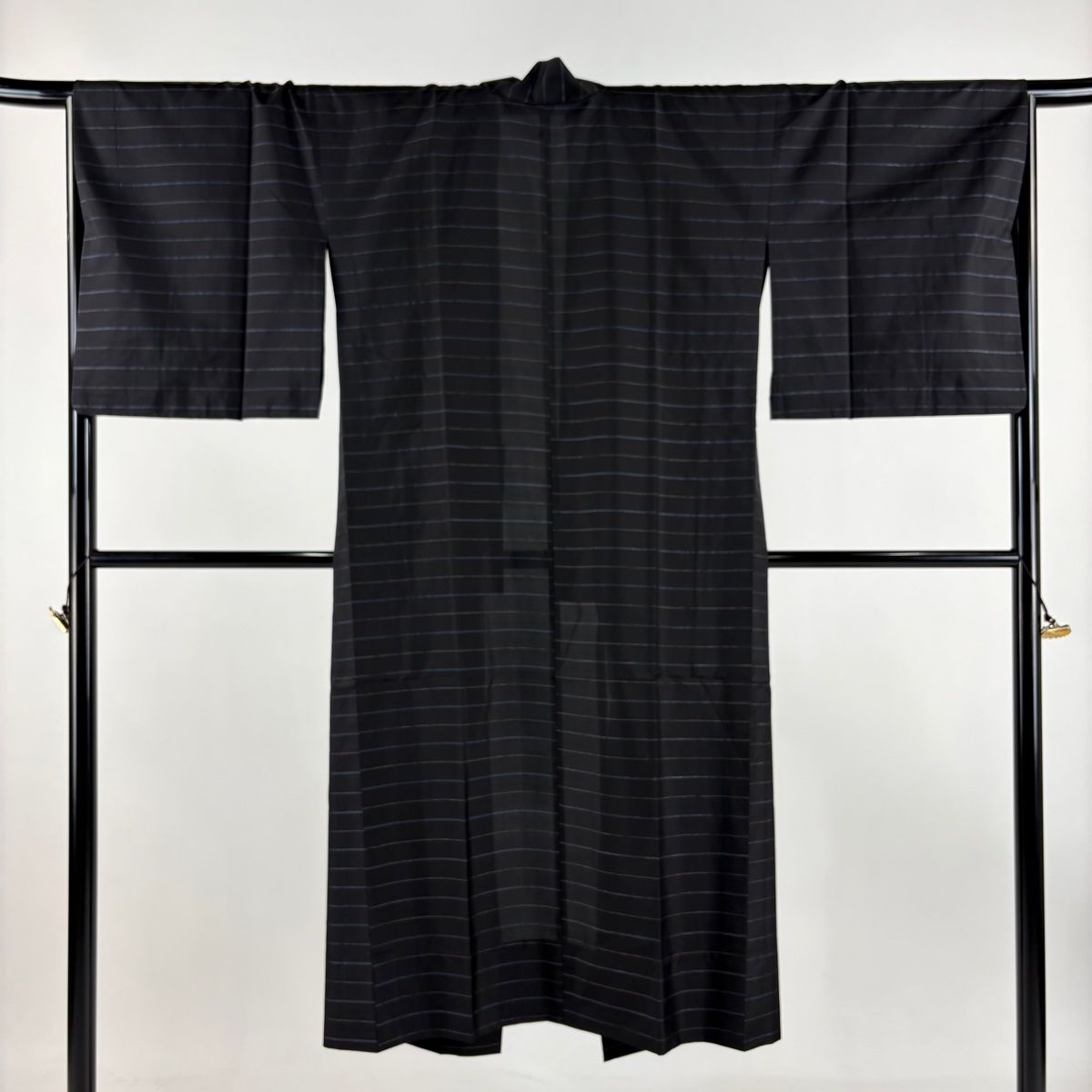 道中着 身丈130cm 裄丈66.5cm M 大島紬地 和装コート 着物衿 証紙 横縞 黒 正絹 名品
