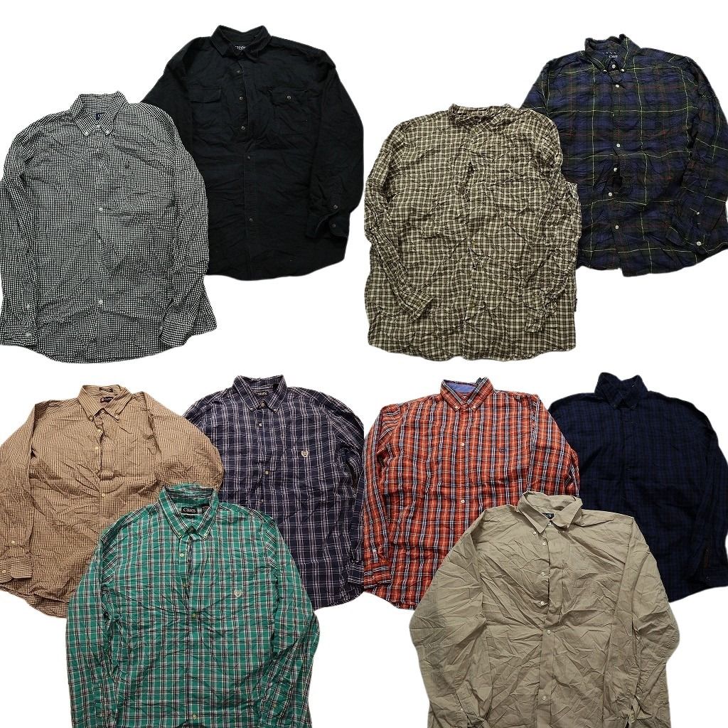 古着卸 まとめ売り チャップス 長袖シャツ 10枚セット (メンズ 2XL ) ボタンダウン 無地系 チェック 青 緑 ベージュ 中古 古着 MX7000