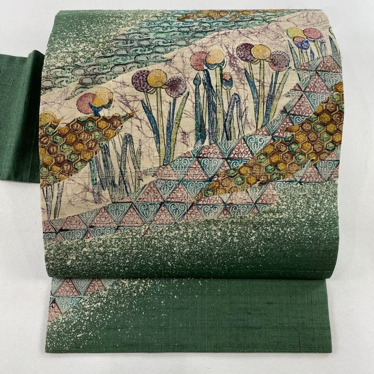 名古屋帯 秀品 紬地 草花 亀甲 緑 正絹