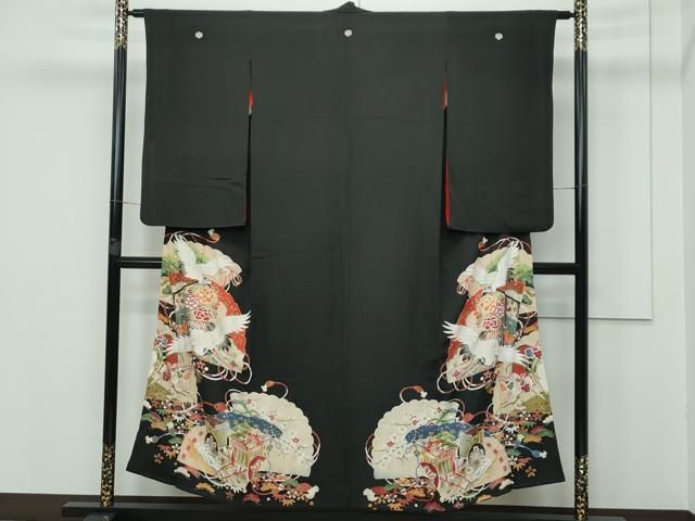 平和屋着物 上 アンティーク 大正ロマン 黒留袖 駒刺繍 檜扇飛鶴花文 金彩 CZAA3317s5