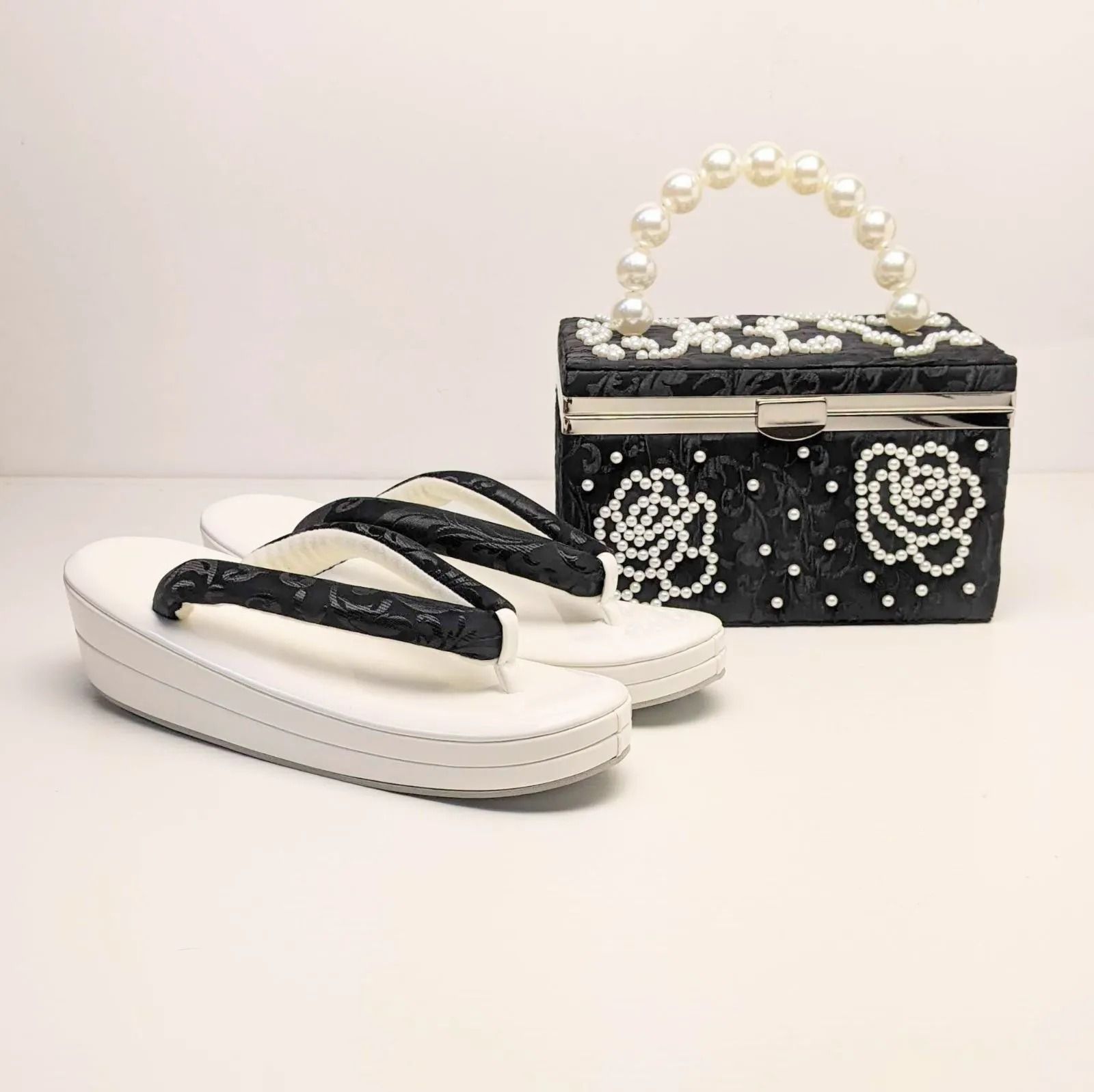 振袖用 パールビーズ付き 草履バッグ セット 丸型バッグ 黒 ブラック