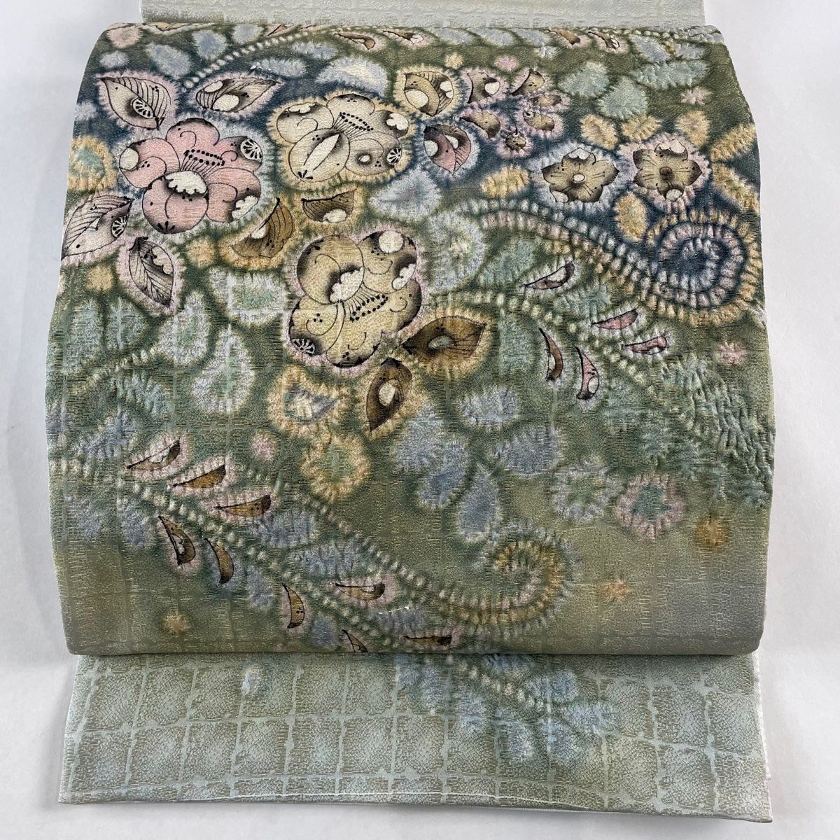 袋帯 名品 辻が花 金通し ぼかし 鶯色 お太鼓柄 正絹