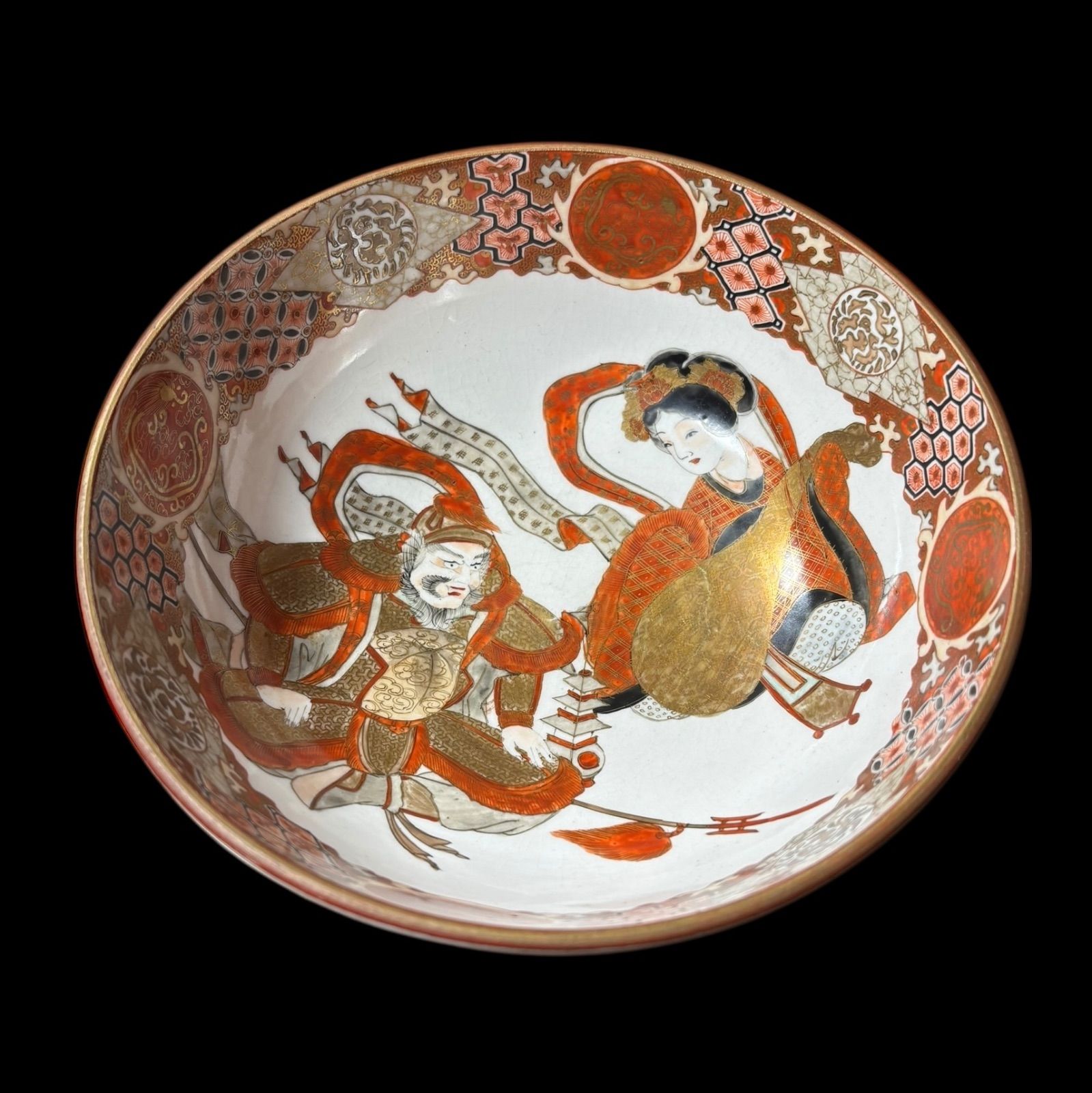 明治骨董鉢 古い重高台の菓子鉢 九谷銘　綺麗な　金彩錦　鶴と松絵　美術 送料無料 九谷製 楕田画 金彩 赤絵 鶴 武士 丸皿 鉢 取り皿 飾り皿 和食器