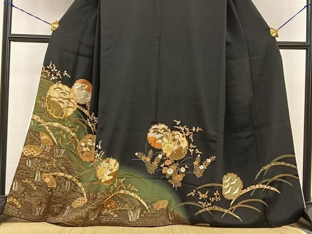平和屋着物□豪華黒留袖 駒刺繍 雪輪飛鶴草花文 暈し染め 金彩
