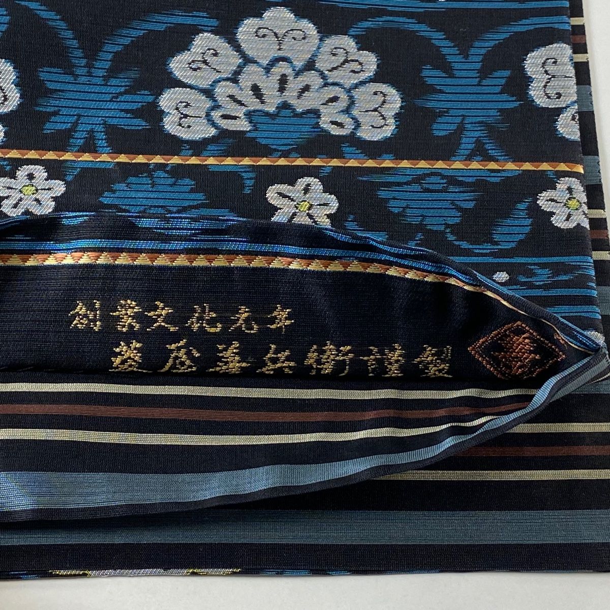 袋帯 逸品 菱屋善兵衛 落款 夏帯 絽 草花 縞 箔 黒 六通 正絹