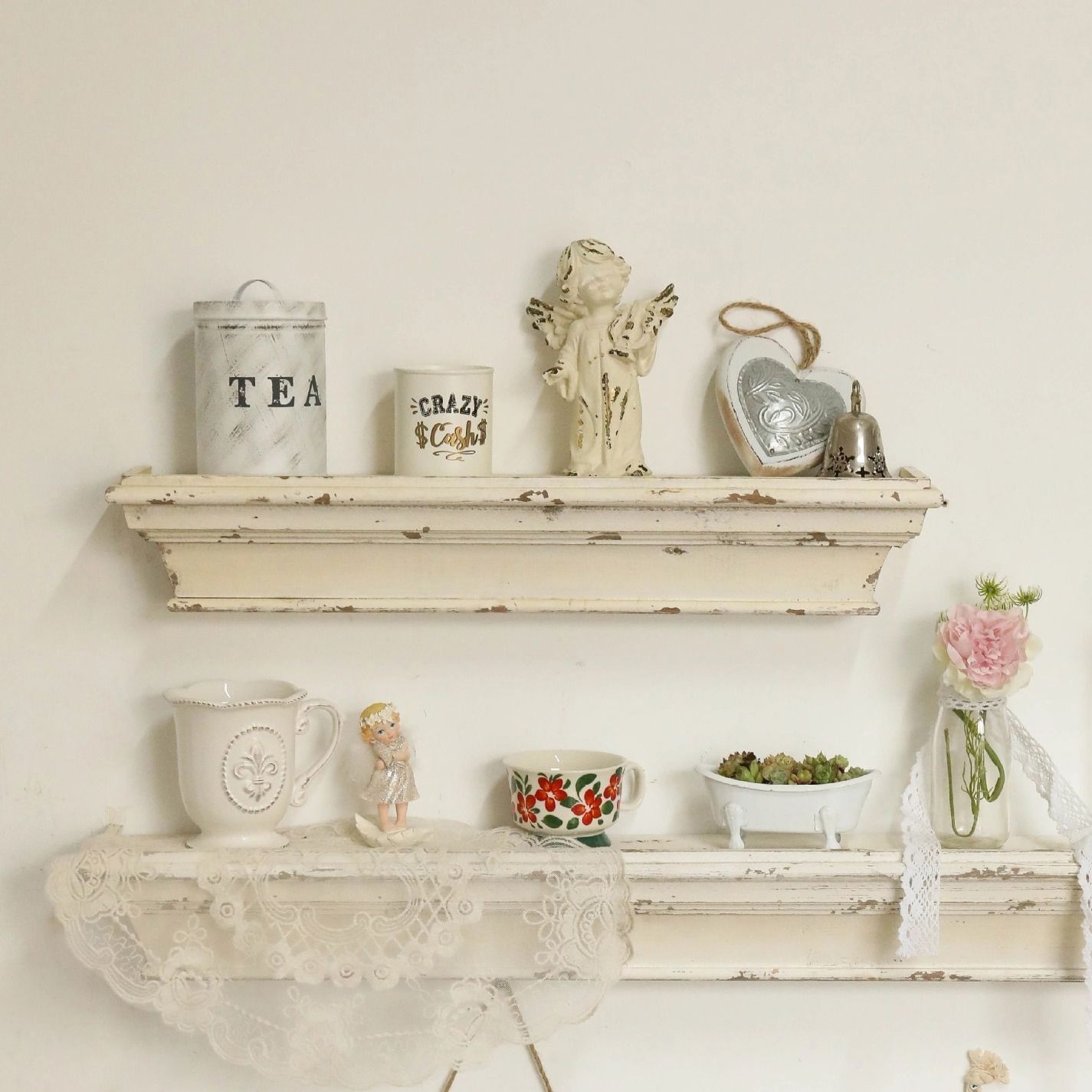ウォールシェルフ 壁掛けラック 飾り棚 おしゃれ フレンチレトロ シャビーシック 木製 シェルフ 棚 収納 アンティーク ヴィンテージ ナチュラル インテリア 壁装飾 収納ラック ディスプレイ