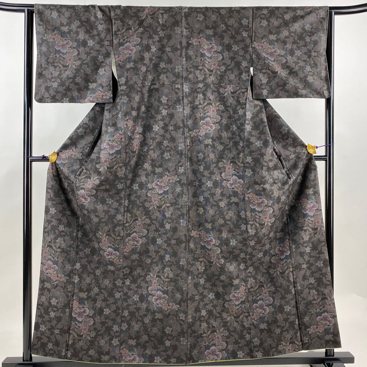 紬 身丈158.5cm 裄丈63.5cm S 袷 枝花 茶紫 正絹 秀品