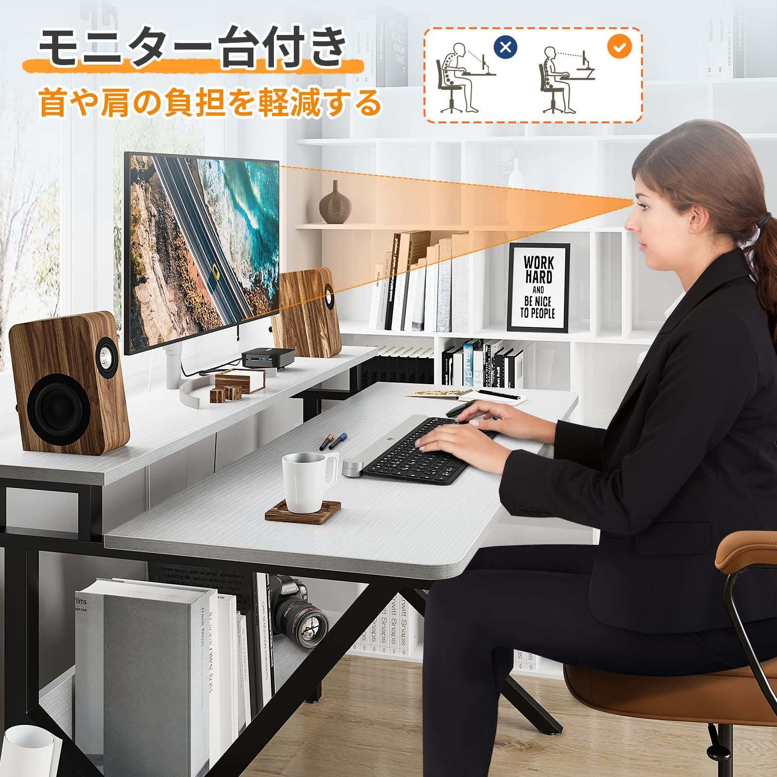 在庫処分】KKL パソコンデスク モニター台付き 幅100cm×奥行60cm 机 pcデスク ゲーミングデスク コンパクト おしゃれ 省スペース  テレワークデスク 一人暮らし 組立簡単 ラック付きデスク モニターアーム対応 ホワイト - メルカリ