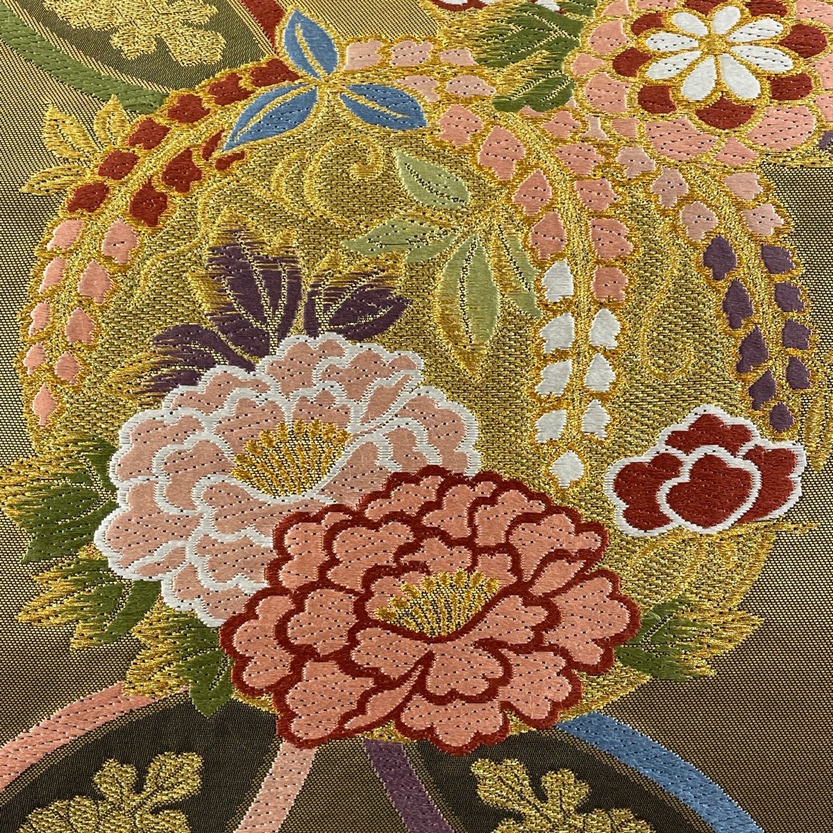 袋帯 美品 秀品 草花 間垣 汕頭刺繍 紬地 朱色 お太鼓柄 正絹 【中古】 袋帯 美品 秀品 紬地 華文 亀甲 汕頭刺繍 茜色 お太鼓柄 正絹 中古