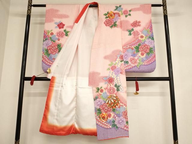 平和屋着物[]七五三 女の子 7歳 祝着 四つ身 長襦袢セット 駒刺繍 花手毬