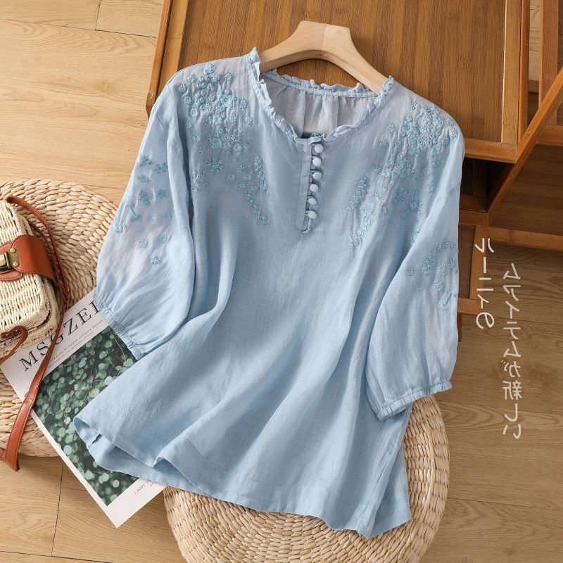 ブラウス レディース 半袖 ゆったり カットソー 丸首 バック 森ガール ファッション 体型カバー ふんわり 綿 麻 シャツ 通気性 カジュアル デート 通勤 女子会 ブラウス レディース 半袖 ゆったり カットソー 森ガール
