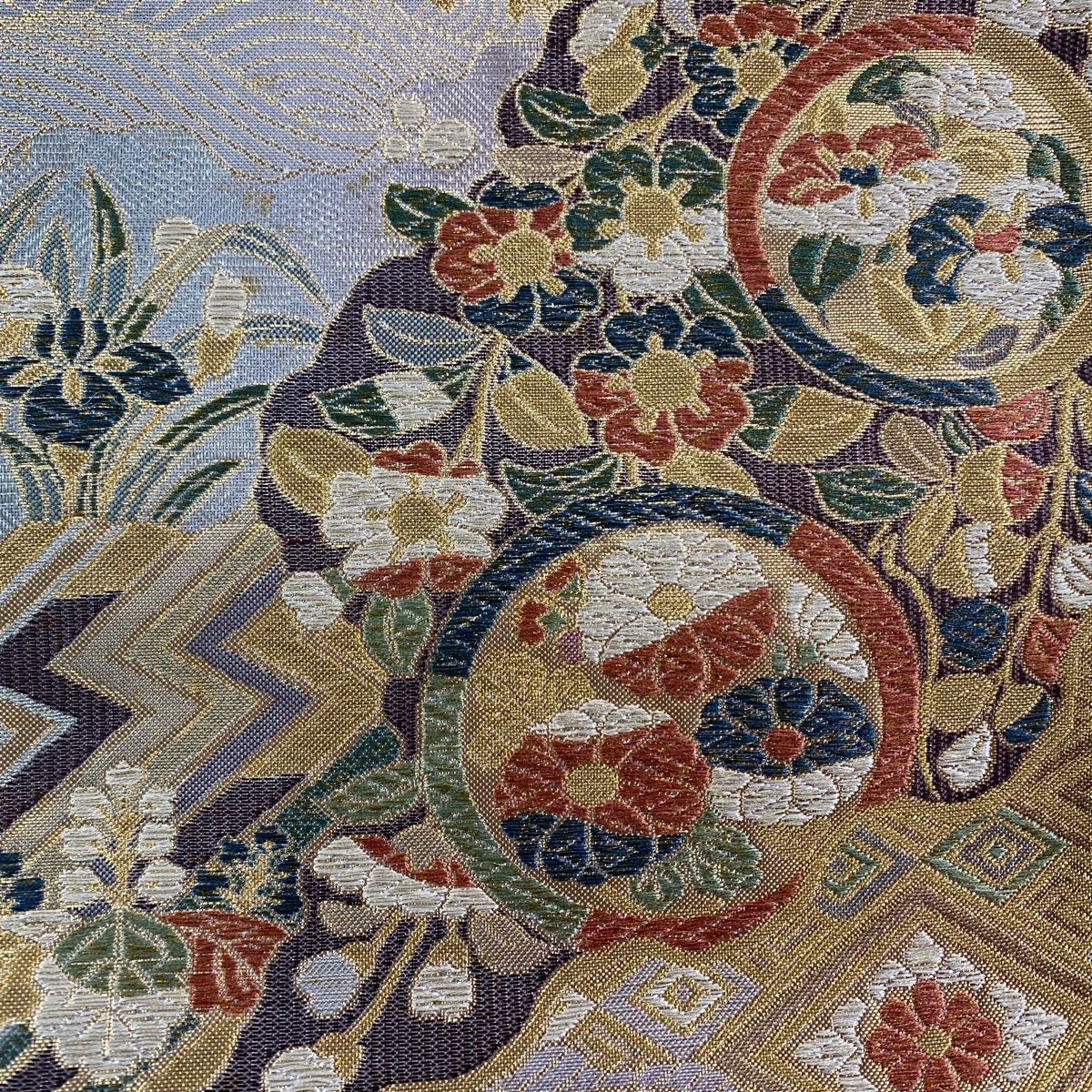 袋帯 美品 秀品 草花 波 金銀糸 箔 灰紫 六通 正絹 【中古