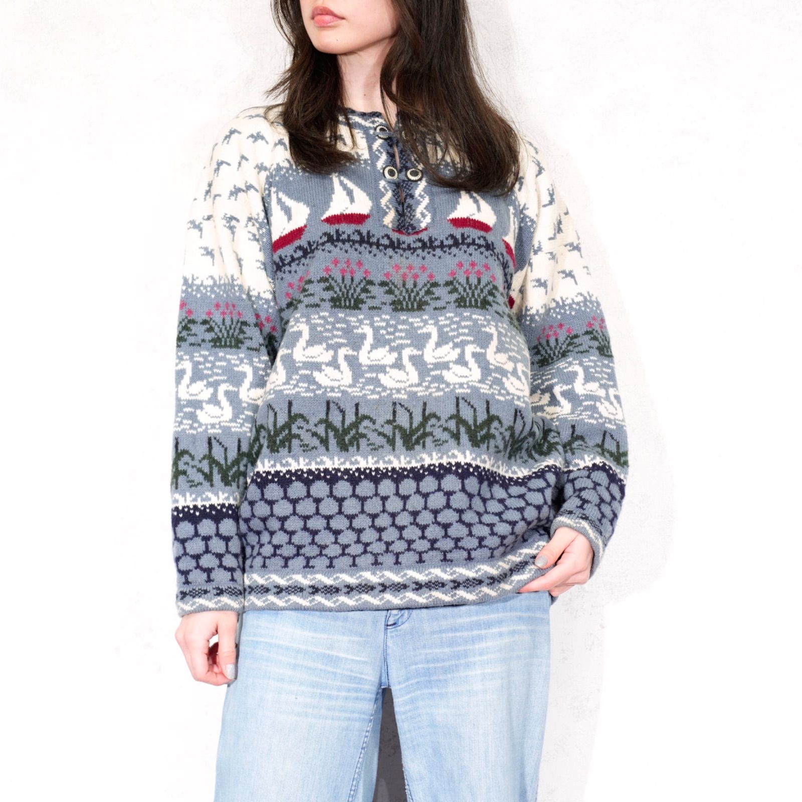 USA VINTAGE DUCK-YACHT PATTERNED DESIGN KNIT|アメリカ古着あひるとヨット柄デザインニット