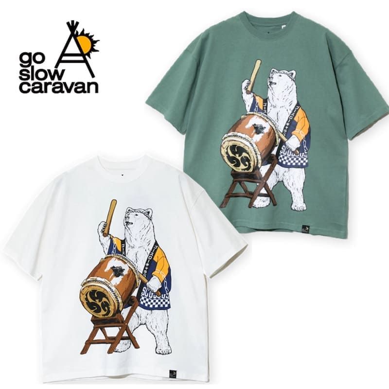 新品 メンズ ゴースローキャラバン go slow caravan 半袖 Tシャツ 半袖Tシャツ ティーシャツ 和太鼓 太鼓 法被 はっぴ 祭 クマ 熊 ユニセックス レディース 白 ホワイト グリーン ミント