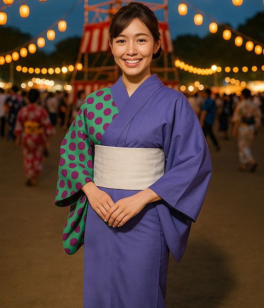浴衣 単品 仕立て上がり 女性用 半身仕立て 綿100％ 紫色×緑色 水玉模様 ドット NO42131