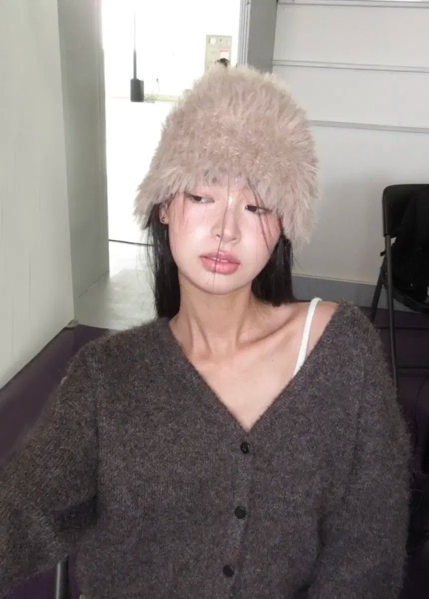 ミチコ リー ロンドン ヘアリー オーバーサイズ ウールニット カーディガン ディープブラウン