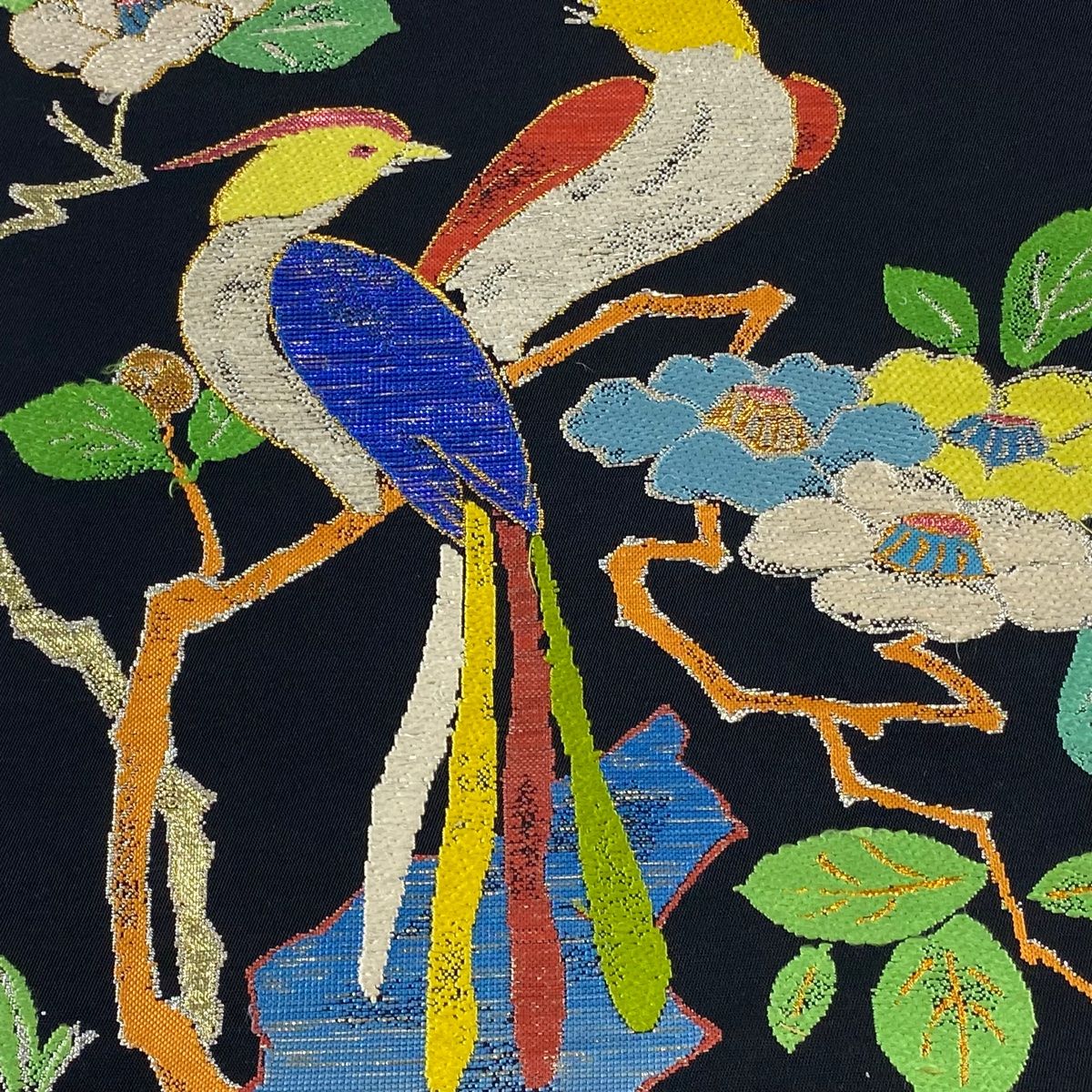 袋帯 逸品 龍村平蔵 落款 関西仕立て 鳥 椿 箔 刺繍 黒 お太鼓柄 正絹  